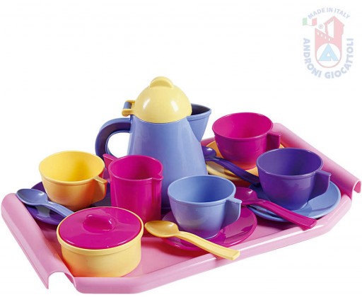 ANDRONI Kávový a čajový set dětské plastové nádobí s podnosem pro holčičky Androni