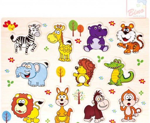 BINO DŘEVO Baby puzzle vkládací zvířátka safari 11 dílků na desce Bino