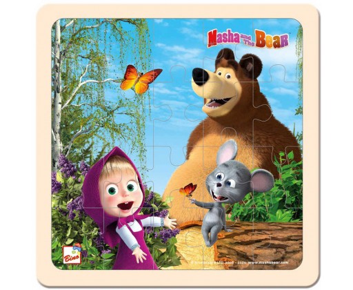 BINO DŘEVO Puzzle Baby Máša a Medvěd myška 15x15cm na desce 4 dílky Bino