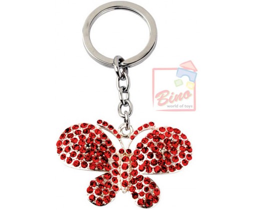 BINO Přívěsek zdobený s drahokamy motýl červený 10cm na klíče kov v sáčku Bino