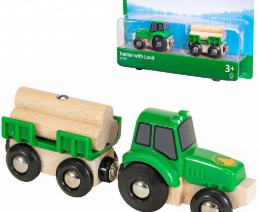 BRIO DŘEVO Set traktor s přívěsem a nákladem dřeva doplněk k vláčkodráze Brio