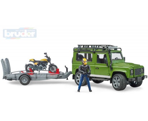 BRUDER 02589 Auto Land Rover set s přívěsem a motoycklem Ducati s figurkou jezdce Bruder