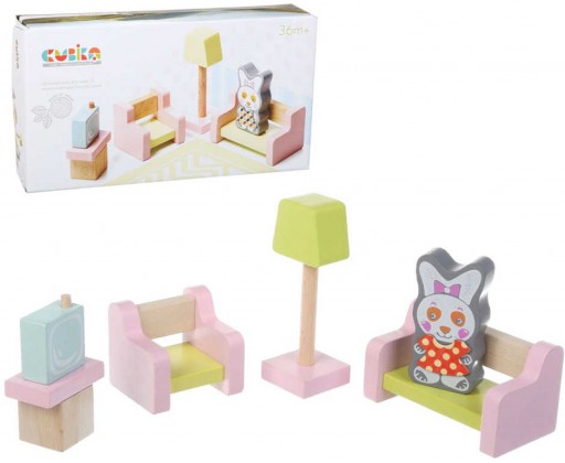 CUBIKA DŘEVO Obývací pokoj nábytek pro panenky s figurkou a magnetickými oblečky Cubika