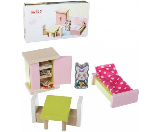 CUBIKA DŘEVO Pokojíček nábytek pro panenky s figurkou a magnetickými oblečky Cubika