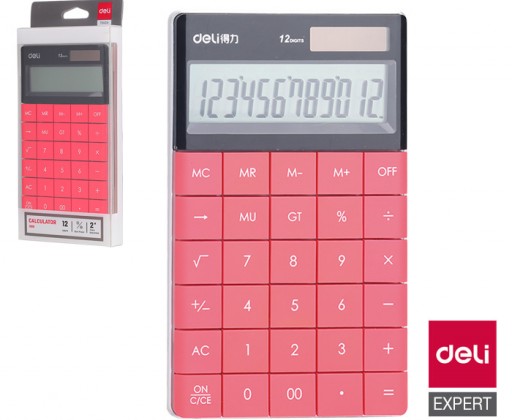 DELI E1589 stolní kalkulačka displej 12 míst červená DELI