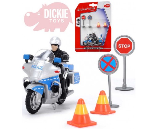 DICKIE Motocykl policie 10cm set řidič + 2 dopravní značky na kartě Dickie