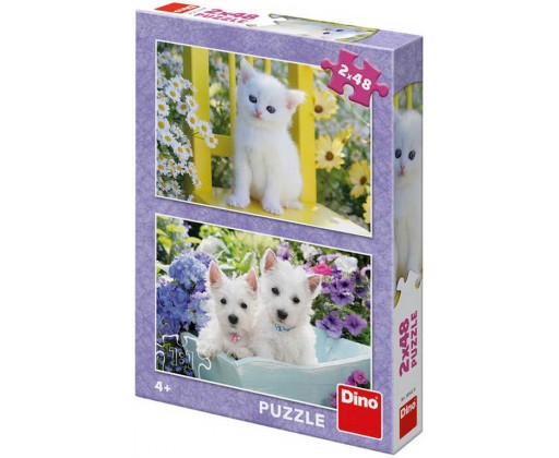 DINO Puzzle Kotě a Westíci foto 2x48 dílků 26x18cm skládačka v krabici Dino