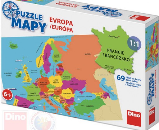 DINO Puzzle Mapa Evropy 69 dílků státy a hlavní města 66x47cm skládačka Dino
