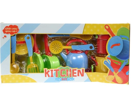 Dětské barevné nádobí plastové set s kuchyňskými nástroji v krabici HRAČKY