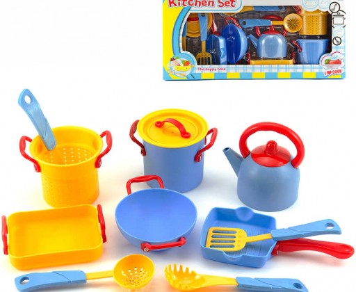 Dětské nádobí plastové barevné set 11ks s hrnci a nástroji v krabici HRAČKY