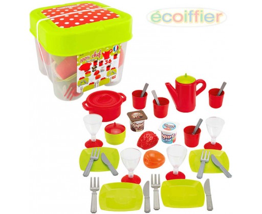 ECOIFFIER Set dětský jídelní plastové nádobí s potravinami 36ks v boxu Ecoiffier