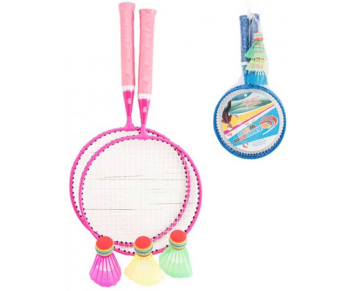 Hra Badminton dětský sada 2 pálky + 3 košíčky kov 2 barvy v síťce HRAČKY