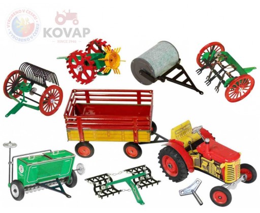 KOVAP Velký zemědělský agroset 2 traktor Zetor k natažení na klíček s doplňky kov Kovap