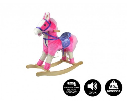 Kůň houpací růžový plyš na baterie 71cm se zvukem a pohybem nosnost 50kg v krabici 62x56x19cm Teddies