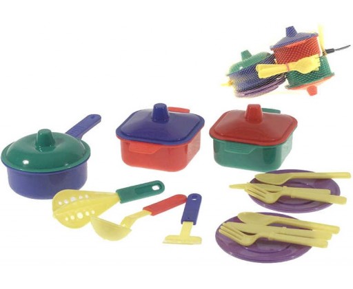 MAD Dětské plastové nádobí kuchyňský set s příbory a doplňky v síťce HRAČKY