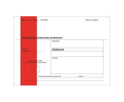 Obálky B6 s dodejkou samopropisovací - s červeným pruhem / 1000 ks Krkonošské obálky
