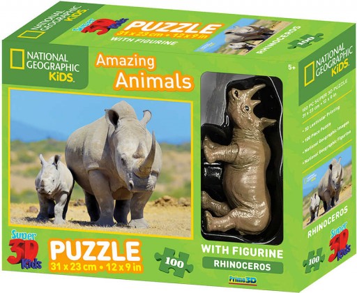 PUZZLE 3D Skládačka Nosorožec 31x23cm set 100 dílků s figurkou National Geographic HRAČKY