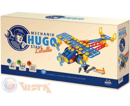SEVA Mechanik Hugo staví Letadlo STAVEBNICE 144 dílků set s nářadím v krabici Seva