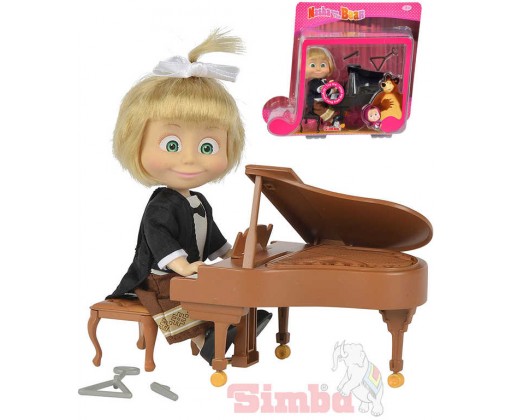 SIMBA Máša a medvěd panenka klavíristka 12cm set s pianem a trianglem na baterie Simba