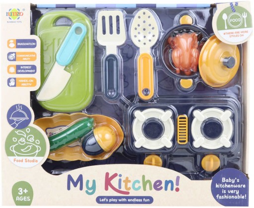 Sada dětské plastové nádobí s vařičem a maketami potravin v krabici HRAČKY