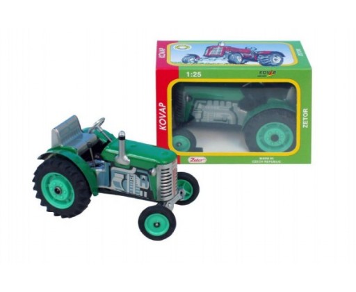 Traktor Zetor zelený na klíček kov 14cm 1:25 v krabičce Kovap Kovap