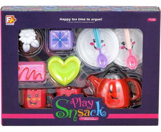 Veselý čajový set dětské nádobí s dortíky s obličejem plast v krabici HRAČKY