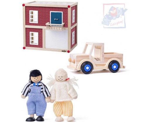 WOODY DŘEVO Moderní vila domek pro panenky herní set se 2 panáčky a autíčkem Woody
