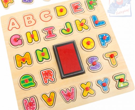 WOODY DŘEVO Razítka puzzle vkládací s úchyty 2v1 abeceda set 26ks s poduškou Woody
