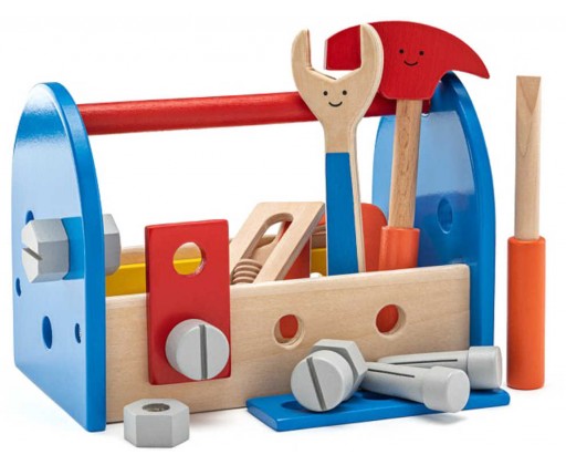 WOODY DŘEVO Set dětské pracovní nářadí veselé 18ks v přenosném boxu Woody