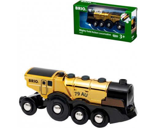 BRIO Mohutná zlatá akční lokomotiva 14cm volný chod / na baterie Světlo Zvuk Brio