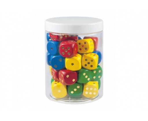 Hrací kostky barevné dřevo společenská hra 25mm 34 ks v plastové dóze 10x14cm 12m+ Detoa