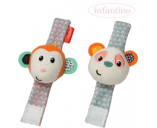 INFANTINO Baby Chrastítko textilní na ruku set 2ks opička a panda pro miminko Infantino