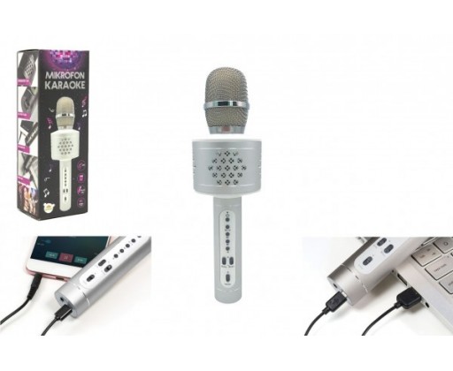 Mikrofon karaoke Bluetooth stříbrný na baterie s USB kabelem v krabici 10x28x8