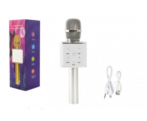 Mikrofon karaoke stříbrný plast 25cm na baterie s USB kabelem v krabici 8