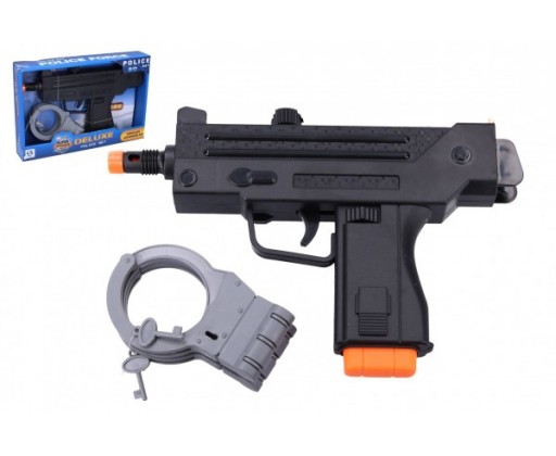 Pistole/Samopal policejní s pouty plast 24cm na baterie se zvukem se světlem v krabici 26x18x5cm Wiky