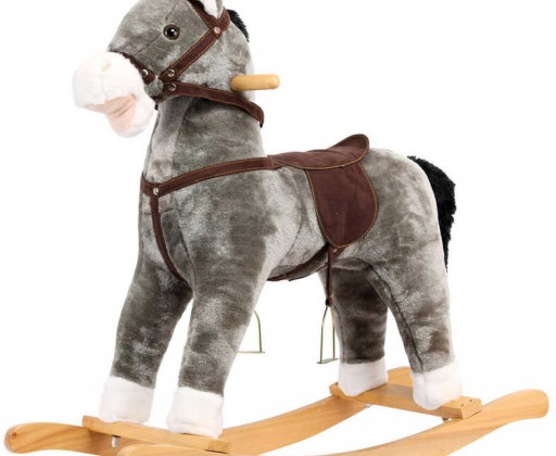 BINO Kůň plyšový houpací 74x64x30cm šedivý 2 madla řehtá na baterie Zvuk Bino