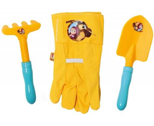 BINO Zahradní set pracovní rukavice se 2 nástroji Máša a medvěd žlutý Bino