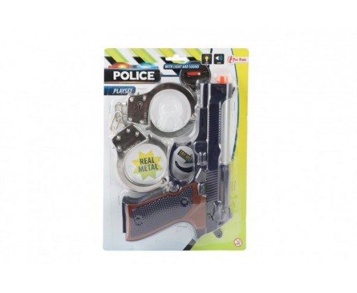 Pistole policejní plast 23cm + pouta na baterie se zvukem se světlem na kartě19x27cm Teddies