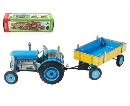 Traktor Zetor s valníkem modrý na klíček kov 28cm Kovap v krabičce Kovap