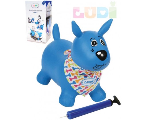 LUDI Pes baby skákací modrý set zvířátko s pumpičkou a šátkem se jmenovkou Ludi