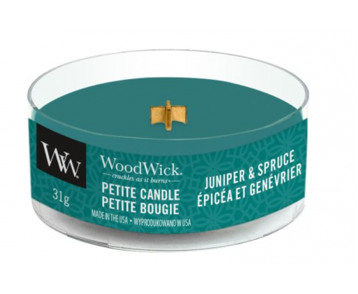 WoodWick Petite malá svíčka s dřevěným knotem jalovec a smrk 31 g WoodWick